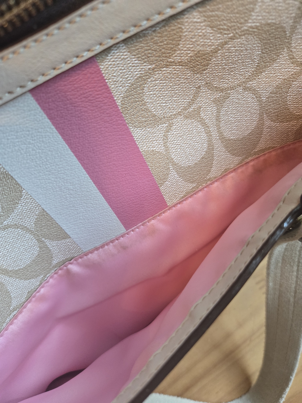 Vintage Coach Heritage Signature Stripe Satchel Bag in Beige, Pink & White - Picture 15 of 16